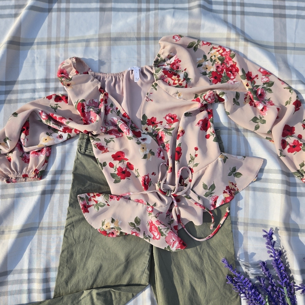 Red and Pink Flutter Sleeve Blouse with Tie Front